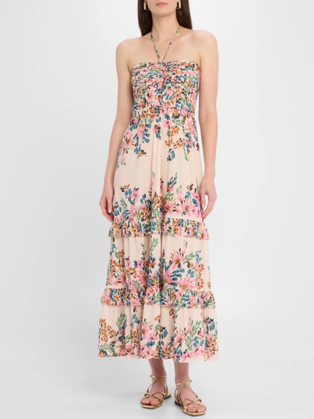Figue June Floral Cotton Halterneck Maxi Dress Confetti Floral Beige SZ XL - Picture 2 of 16